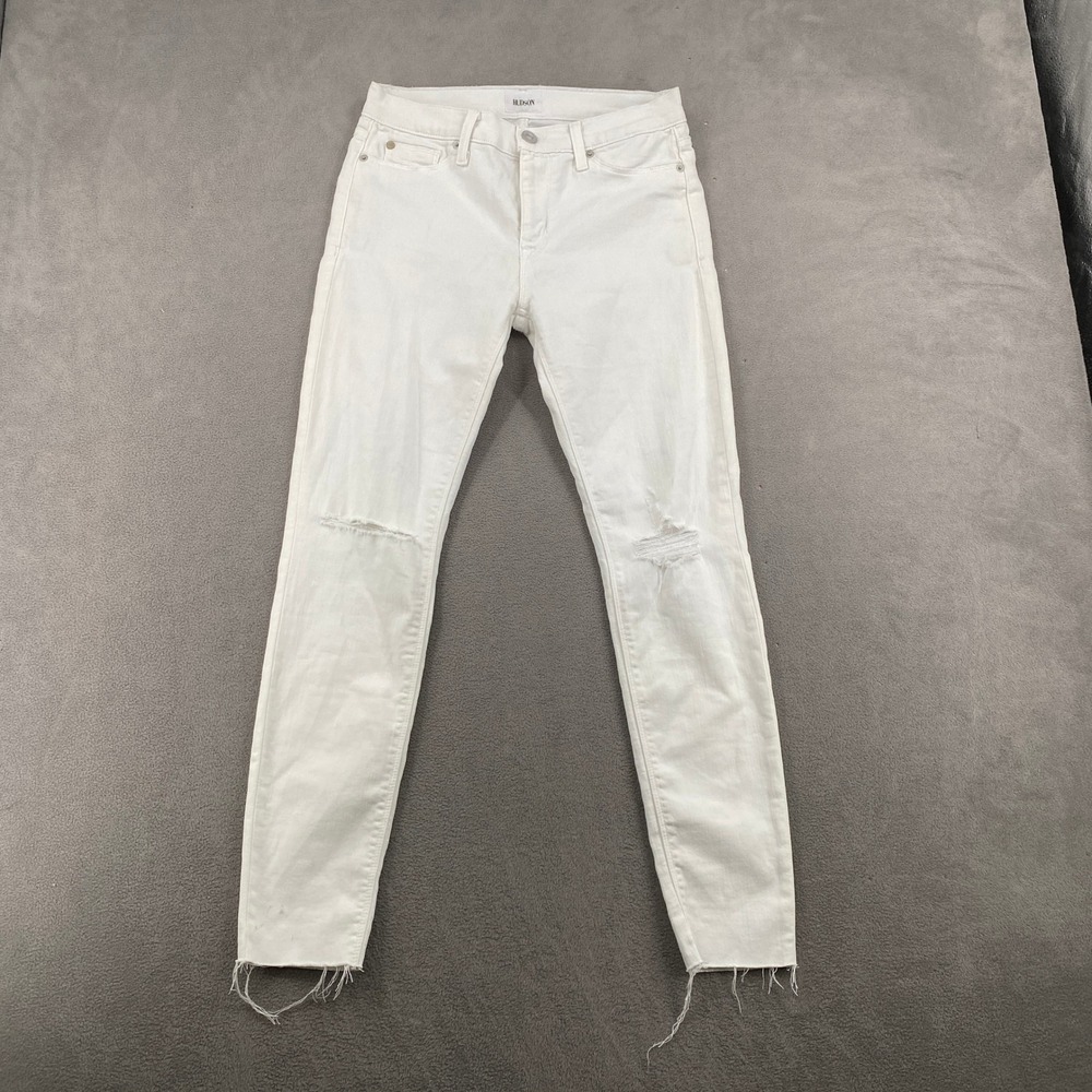 Hudson Womens White Distressed Knee Raw Hem Skinny Jeans Size 28